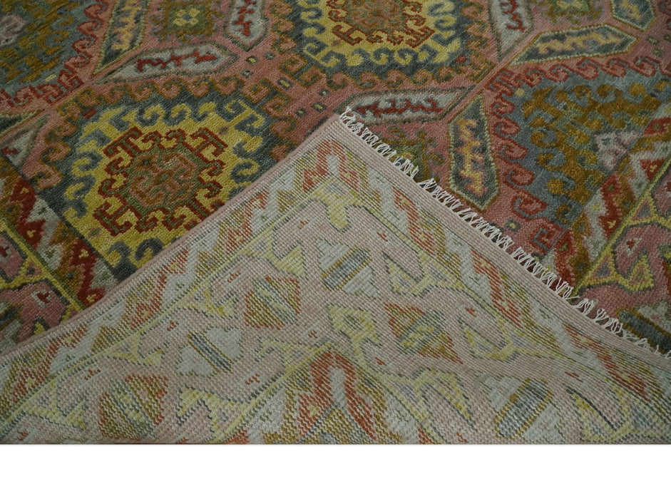 Peach, Mustard, Brown and Gray Oriental Hand Knotted Multi Size Wool Area Rug, Living Room and Bedroom Rug