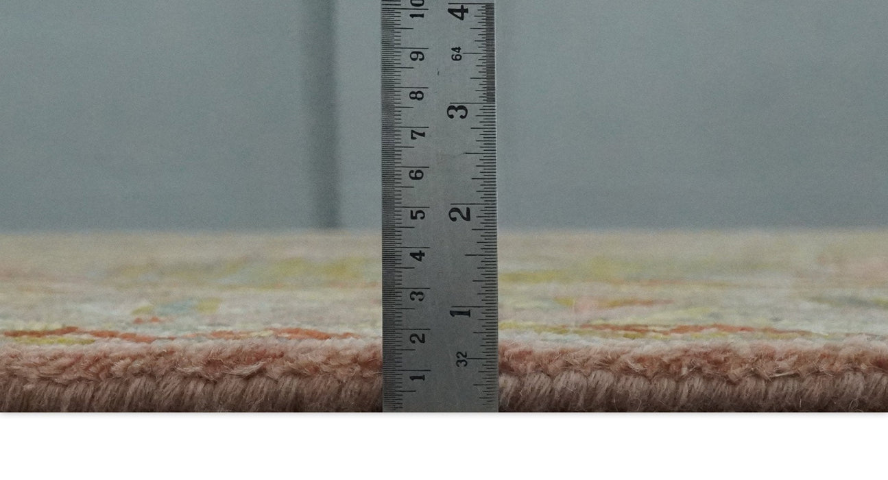 Peach, Mustard, Brown and Gray Oriental Hand Knotted Multi Size Wool Area Rug, Living Room and Bedroom Rug