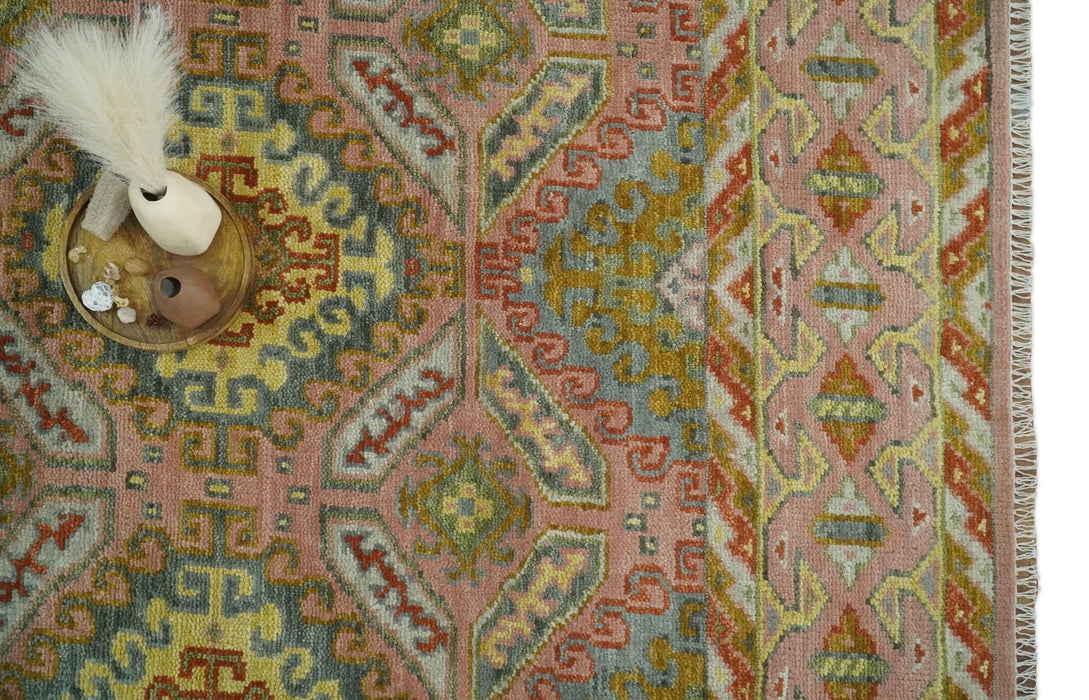 Peach, Mustard, Brown and Gray Oriental Hand Knotted Multi Size Wool Area Rug, Living Room and Bedroom Rug
