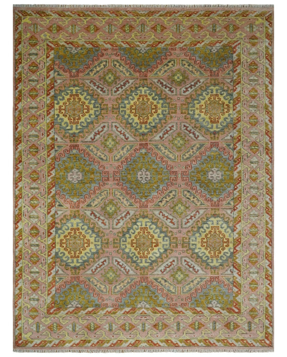 Peach, Mustard, Brown and Gray Oriental Hand Knotted Multi Size Wool Area Rug, Living Room and Bedroom Rug