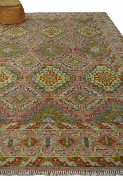 Peach, Mustard, Brown and Gray Oriental Hand Knotted Multi Size Wool Area Rug, Living Room and Bedroom Rug