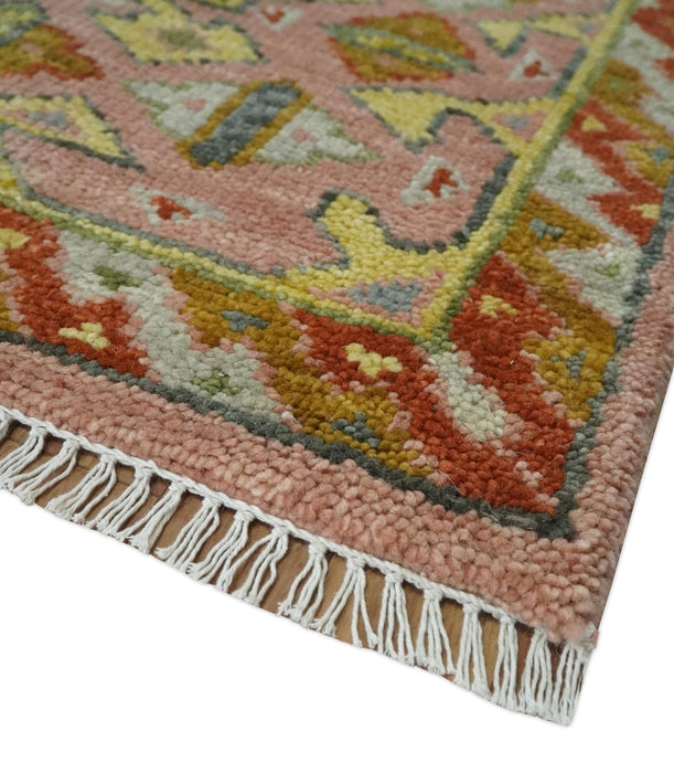 Peach, Mustard, Brown and Gray Oriental Hand Knotted Multi Size Wool Area Rug, Living Room and Bedroom Rug