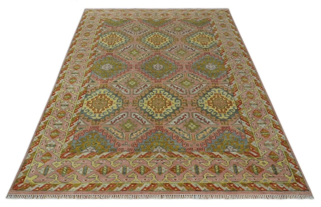 Peach, Mustard, Brown and Gray Oriental Hand Knotted Multi Size Wool Area Rug, Living Room and Bedroom Rug
