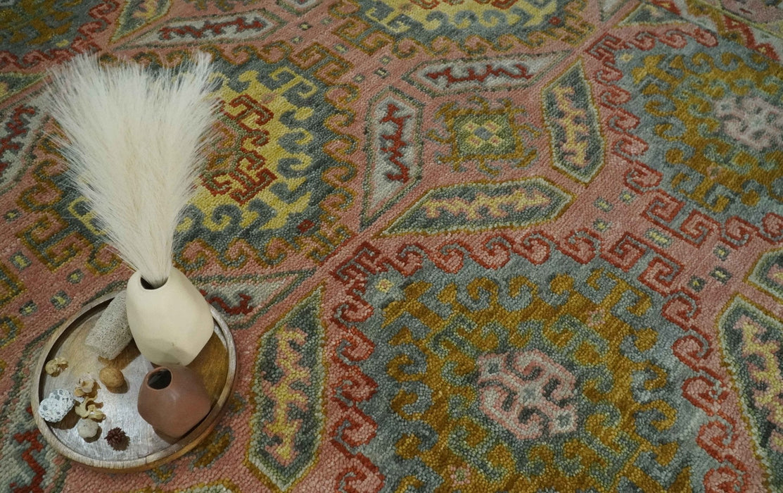 Peach, Mustard, Brown and Gray Oriental Hand Knotted Multi Size Wool Area Rug, Living Room and Bedroom Rug