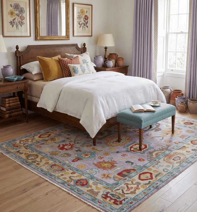 Pink and Beige Vibrant Colorful Hand knotted Traditional Oushak  Area Rug