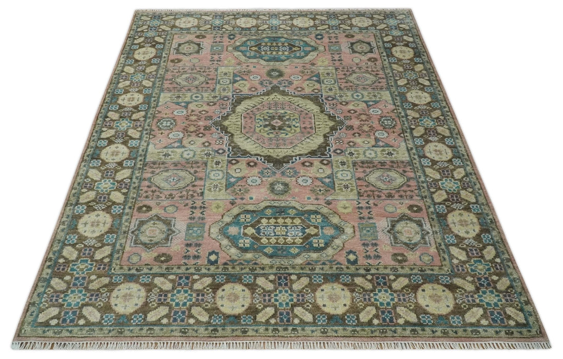 Pink, Beige and Olive Hand knotted Medallion Mamluk Design 8x10 wool Area Rug