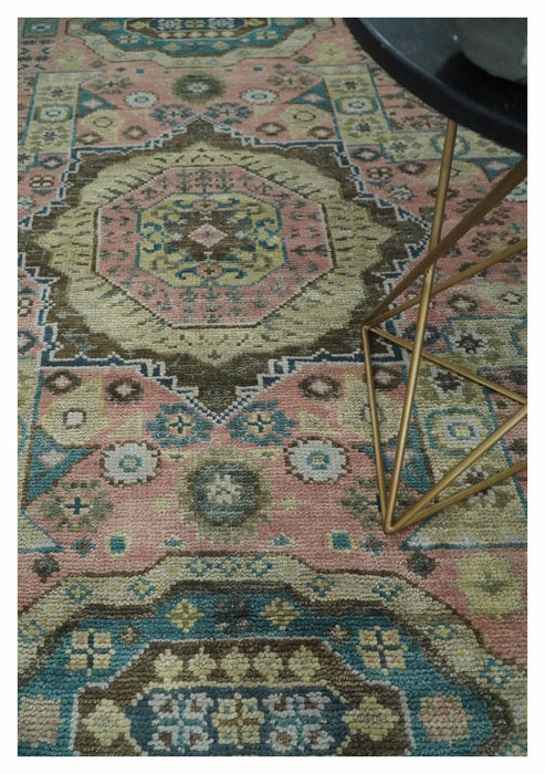 Pink, Beige and Olive Hand knotted Medallion Mamluk Design 8x10 wool Area Rug