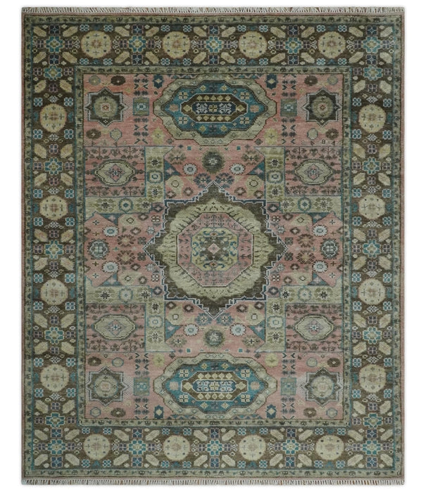 Pink, Beige and Olive Hand knotted Medallion Mamluk Design 8x10 wool Area Rug
