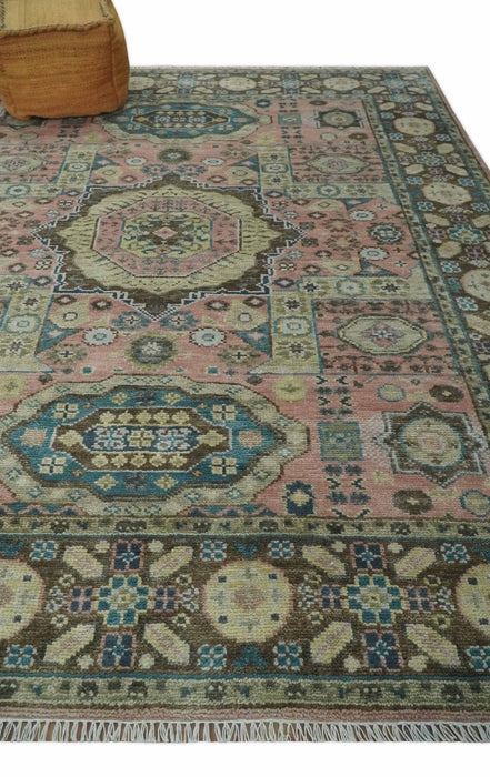 Pink, Beige and Olive Hand knotted Medallion Mamluk Design 8x10 wool Area Rug