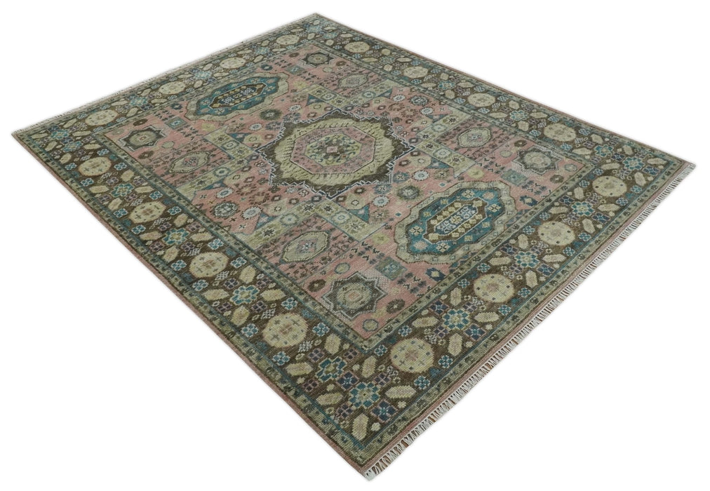 Pink, Beige and Olive Hand knotted Medallion Mamluk Design 8x10 wool Area Rug