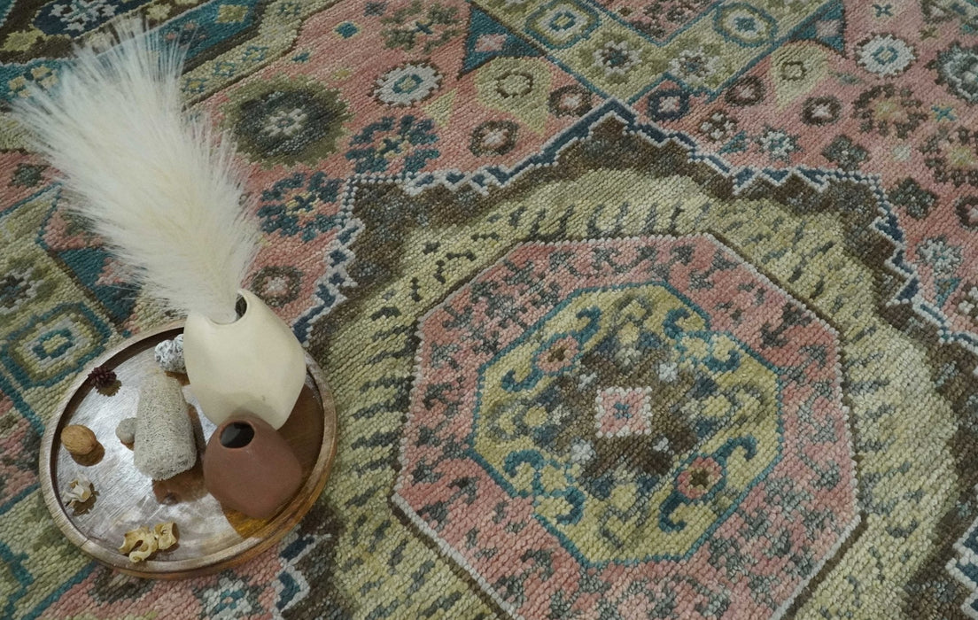 Pink, Beige and Olive Hand knotted Medallion Mamluk Design 8x10 wool Area Rug