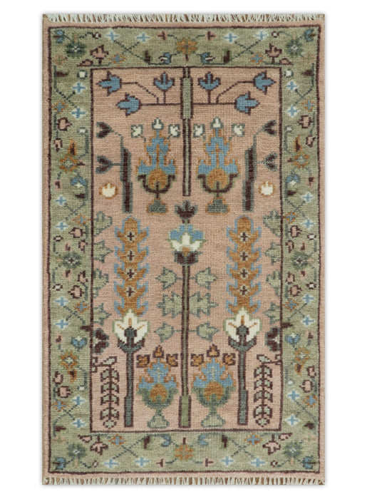Pink, Olive and Beige Traditional Vintage Heriz Serapi Wool Rug