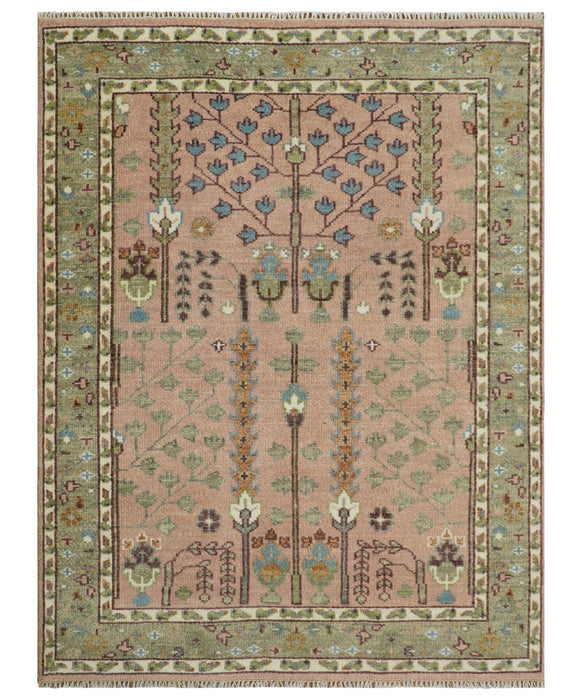 Pink, Olive and Beige Traditional Vintage Heriz Serapi Wool Rug