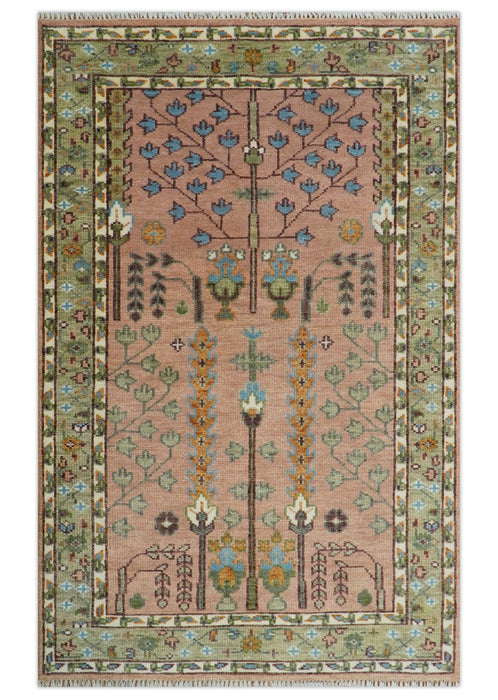 Pink, Olive and Beige Traditional Vintage Heriz Serapi Wool Rug