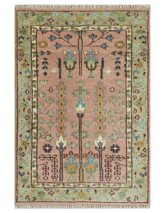 Pink, Olive and Beige Traditional Vintage Heriz Serapi Wool Rug