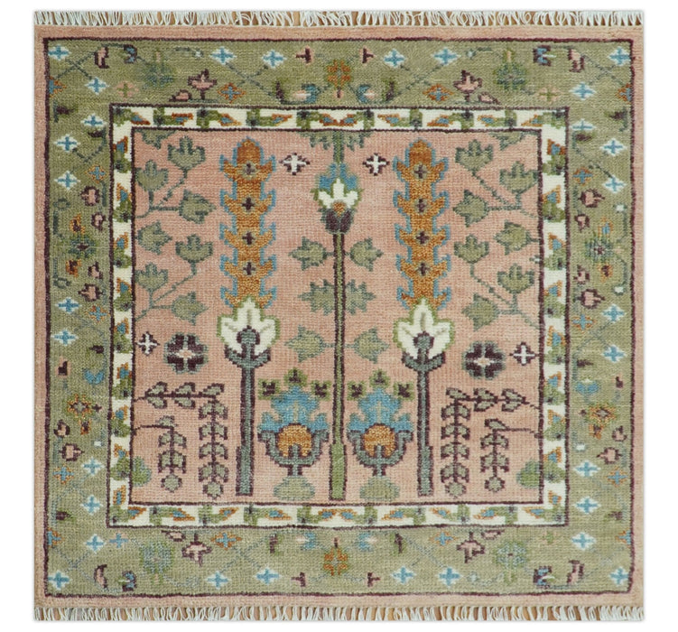 Pink, Olive and Beige Traditional Vintage Heriz Serapi Wool Rug