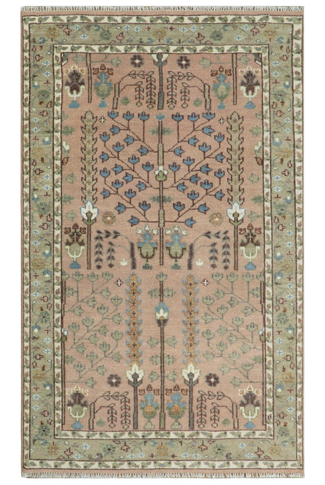 Pink, Olive and Beige Traditional Vintage Heriz Serapi Wool Rug