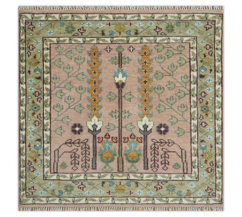 Pink, Olive and Beige Traditional Vintage Heriz Serapi Wool Rug