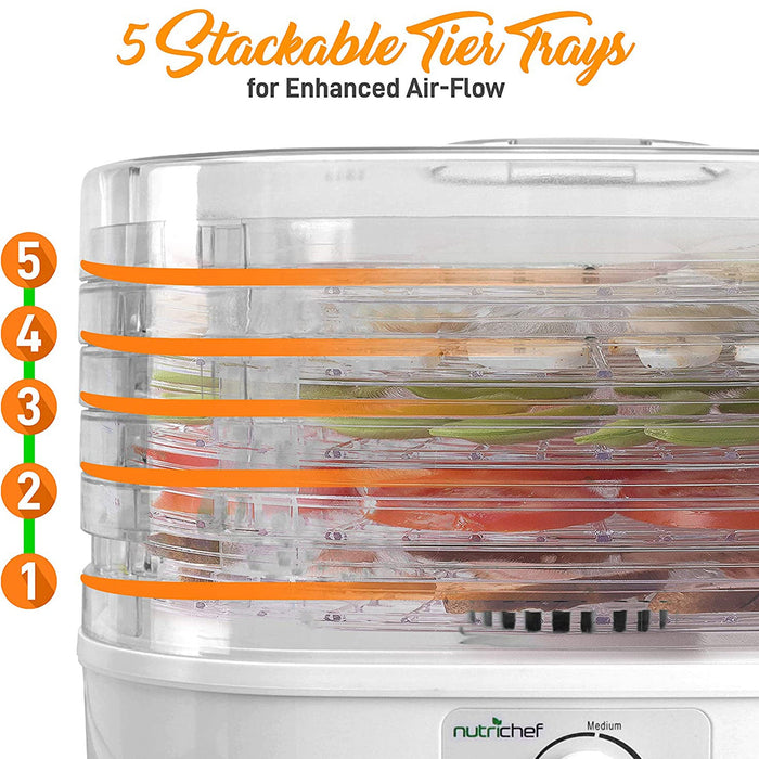 NutriChef PKFD06 Kitchen Countertop 5 Tray Rack Electric Food Dehydrator Machine