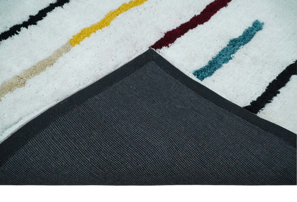 Plush and Thick Hand Woven Shag White with multicolor Stripes Soft Area Rug | SHAG2