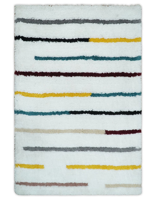 Plush and Thick Hand Woven Shag White with multicolor Stripes Soft Area Rug | SHAG2