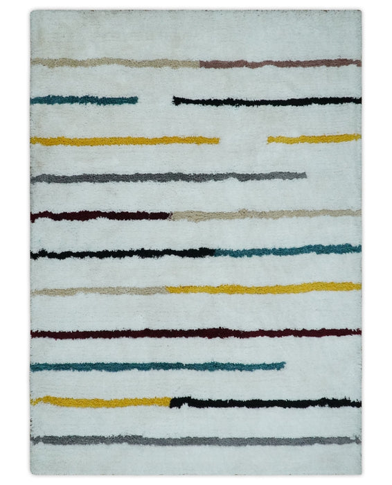 Plush and Thick Hand Woven Shag White with multicolor Stripes Soft Area Rug | SHAG2