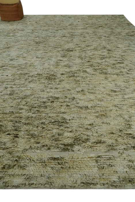 Plush Beni Ourain 12.5x15 Ivory and Moss Olive Moroccan Rug Made with fine Wool
