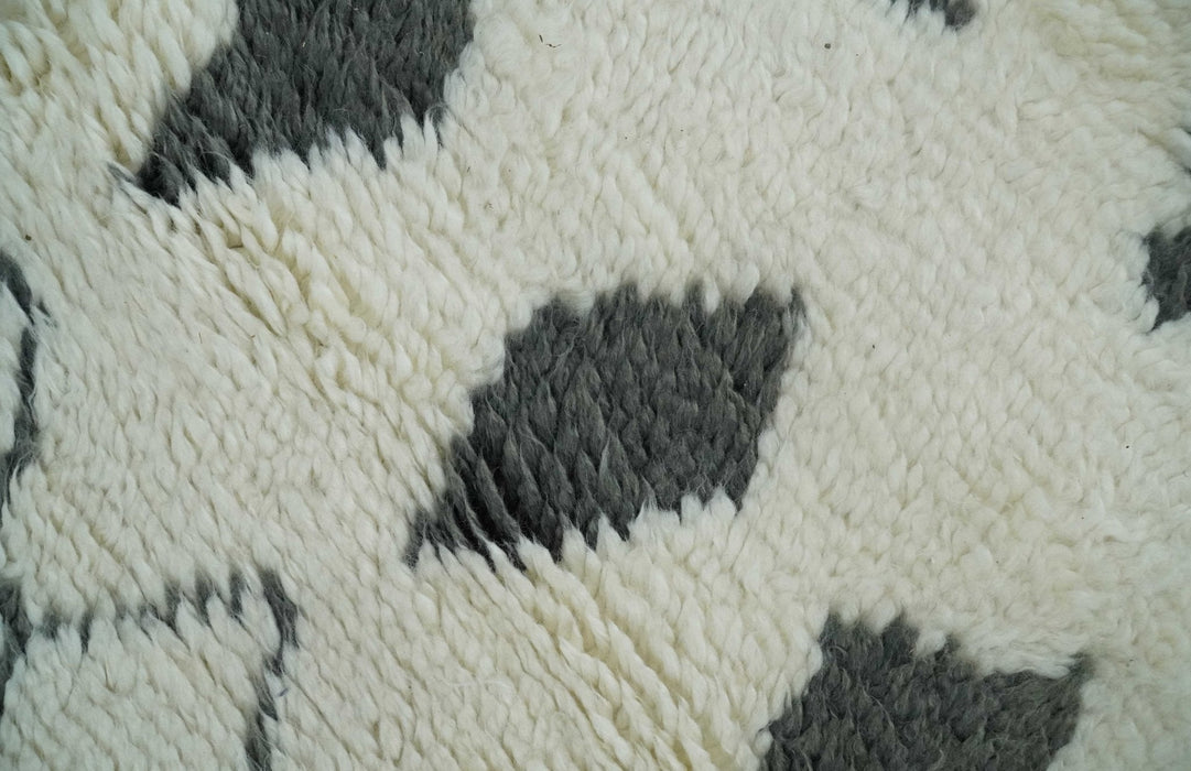 Plush Thick Beni Ourain 8x10.5 Ivory and Charcoal Geometrical design Moroccan Rug Made with fine Wool