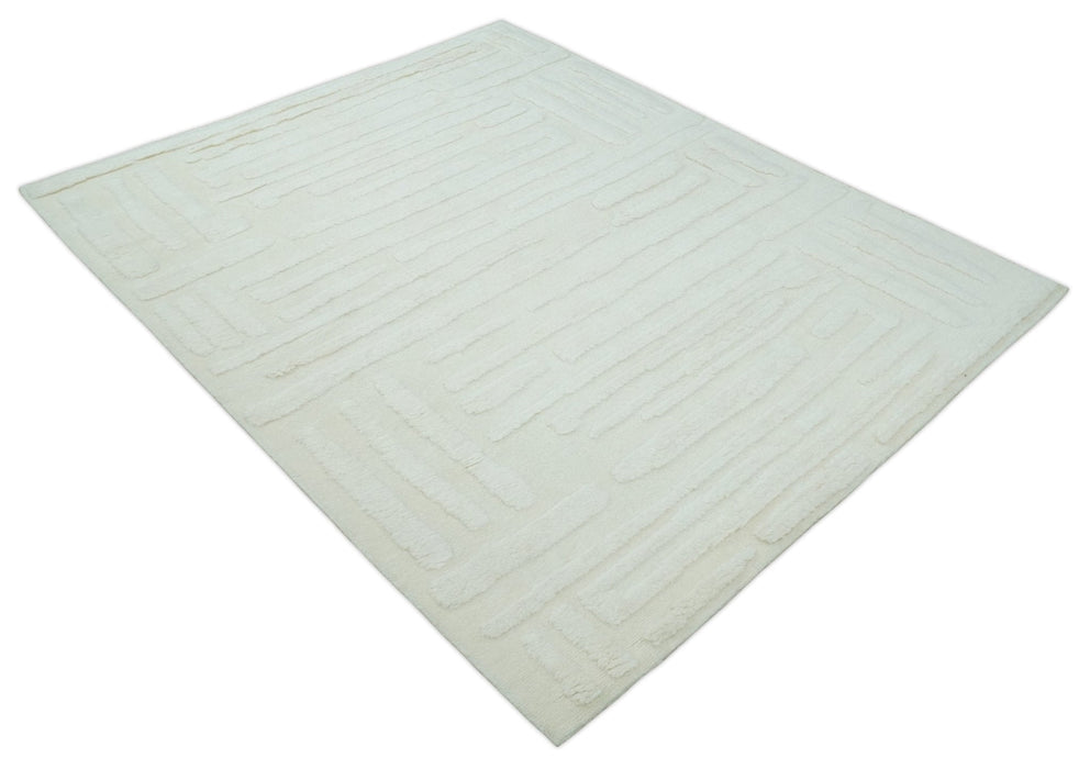 Premium 8x10 carved Texture Ivory hand knotted wool Area rug