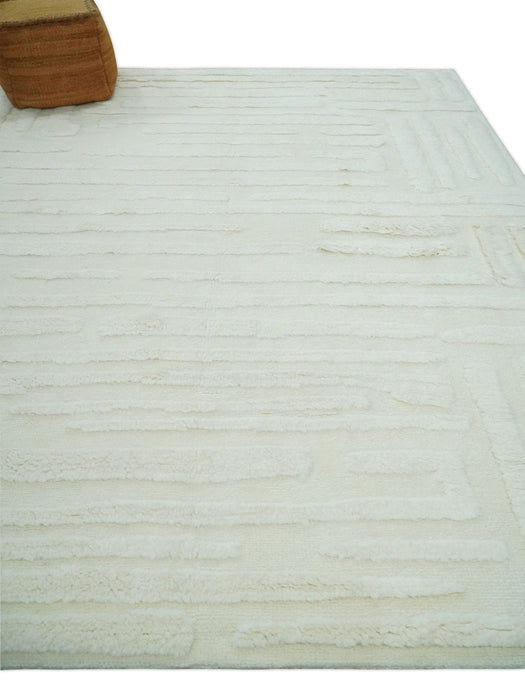 Premium 8x10 carved Texture Ivory hand knotted wool Area rug