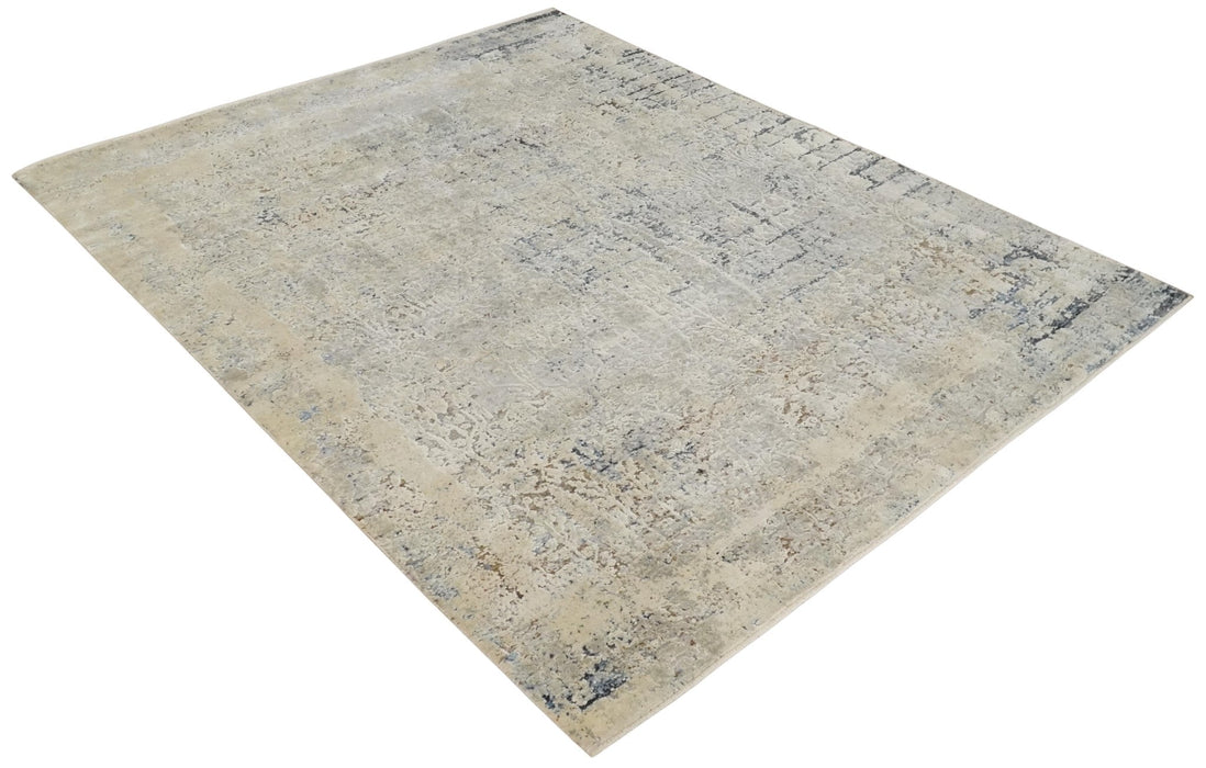 Premium Fine 8x10 Silver, Beige and Charcoal Traditional Floral High Low texture Hand Knotted Wool and Art Silk Rug