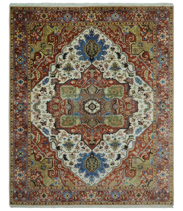 Premium Fine 9x12 Rust, Ivory and Olive Hand Knotted wool area rug