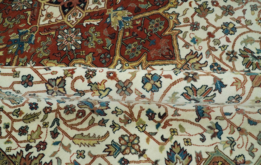 Premium Fine Floral Ivory and Rust Traditional Heriz 9x12 Hand Knotted wool area rug