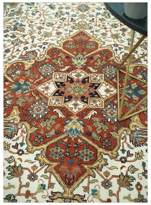 Premium Fine Floral Ivory and Rust Traditional Heriz 9x12 Hand Knotted wool area rug