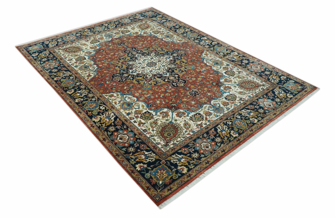 Premium Fine Hand Knotted Floral Rust, Ivory and Blue Traditional Heriz 8x10 wool area rug