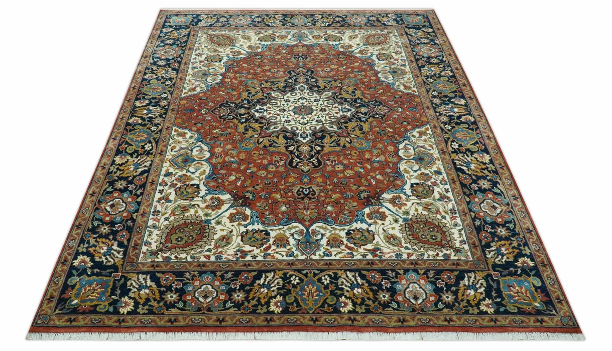 Premium Fine Hand Knotted Floral Rust, Ivory and Blue Traditional Heriz 8x10 wool area rug