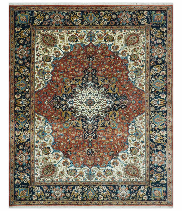 Premium Fine Hand Knotted Floral Rust, Ivory and Blue Traditional Heriz 8x10 wool area rug
