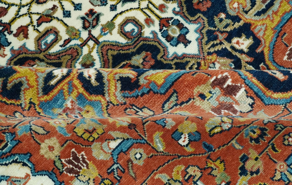 Premium Fine Hand Knotted Floral Rust, Ivory and Blue Traditional Heriz 8x10 wool area rug