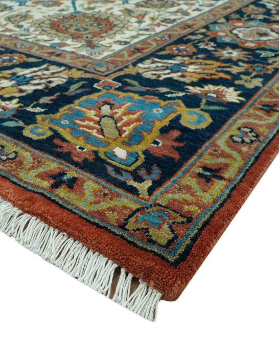 Premium Fine Hand Knotted Floral Rust, Ivory and Blue Traditional Heriz 8x10 wool area rug