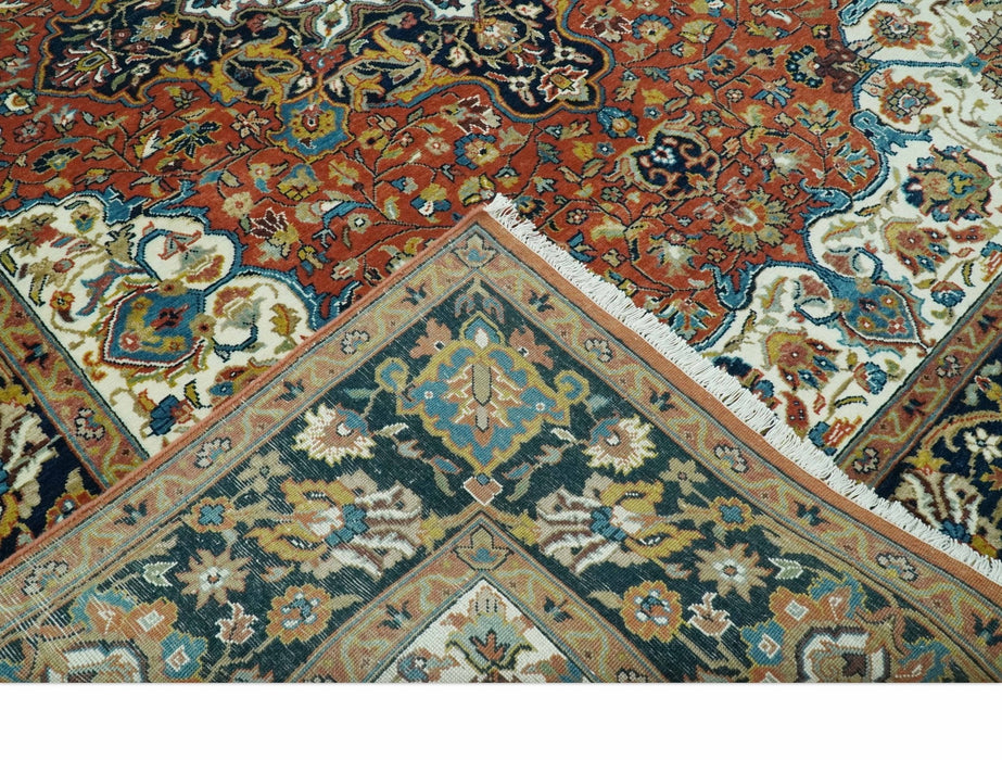 Premium Fine Hand Knotted Floral Rust, Ivory and Blue Traditional Heriz 8x10 wool area rug