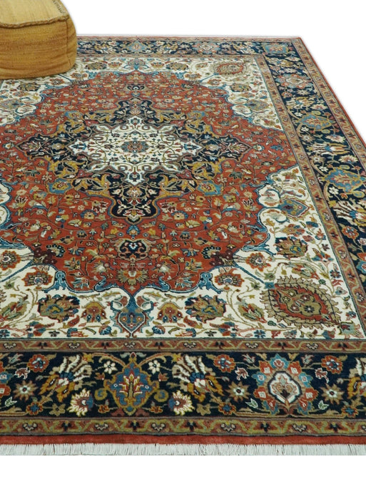 Premium Fine Hand Knotted Floral Rust, Ivory and Blue Traditional Heriz 8x10 wool area rug