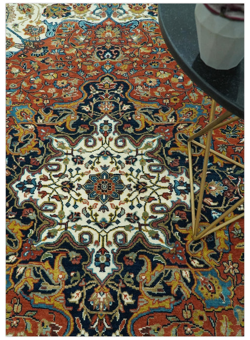 Premium Fine Hand Knotted Floral Rust, Ivory and Blue Traditional Heriz 8x10 wool area rug