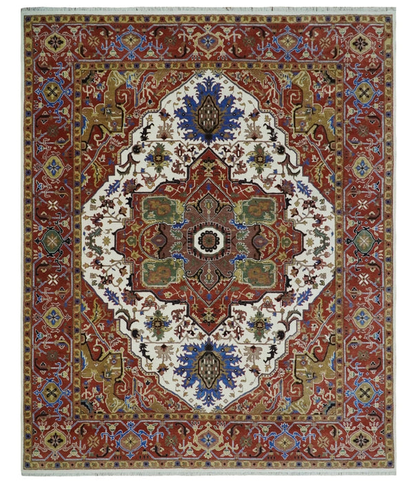 Premium Fine Knots Rust, Ivory and Olive 8x10 Hand knotted Traditional Wool Area Rug