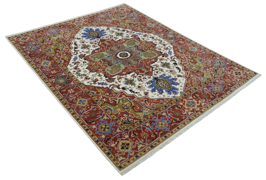 Premium Fine Knots Rust, Ivory and Olive 8x10 Hand knotted Traditional Wool Area Rug