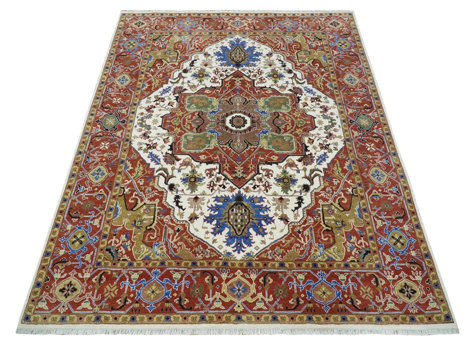 Premium Fine Knots Rust, Ivory and Olive 8x10 Hand knotted Traditional Wool Area Rug