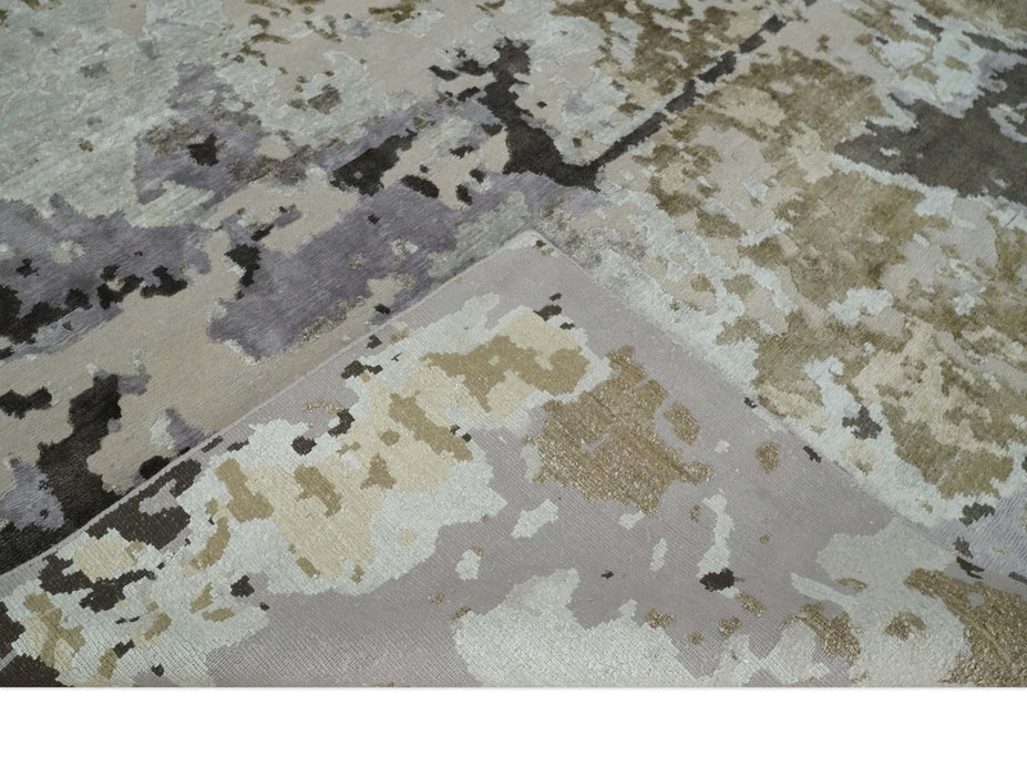 Premium Hand knotted Camel, Silver, Olive and Charcoal modern Abstract wool and Silk Blended 8x10 Area Rug