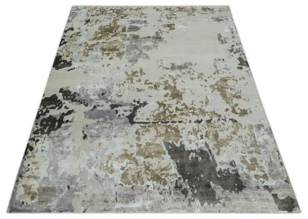 Premium Hand knotted Camel, Silver, Olive and Charcoal modern Abstract wool and Silk Blended 8x10 Area Rug