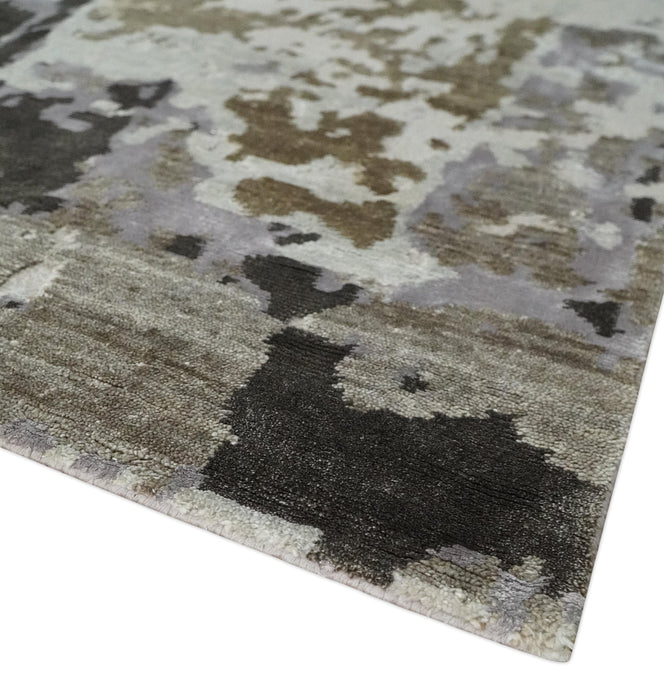 Premium Hand knotted Camel, Silver, Olive and Charcoal modern Abstract wool and Silk Blended 8x10 Area Rug