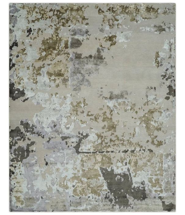 Premium Hand knotted Camel, Silver, Olive and Charcoal modern Abstract wool and Silk Blended 8x10 Area Rug