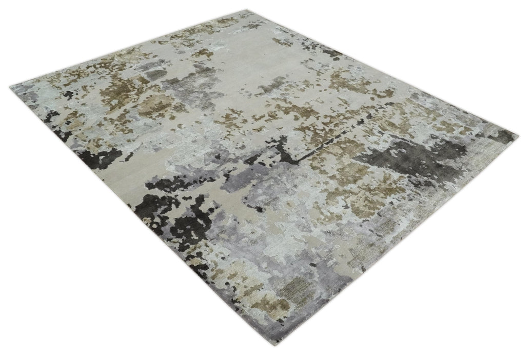 Premium Hand knotted Camel, Silver, Olive and Charcoal modern Abstract wool and Silk Blended 8x10 Area Rug